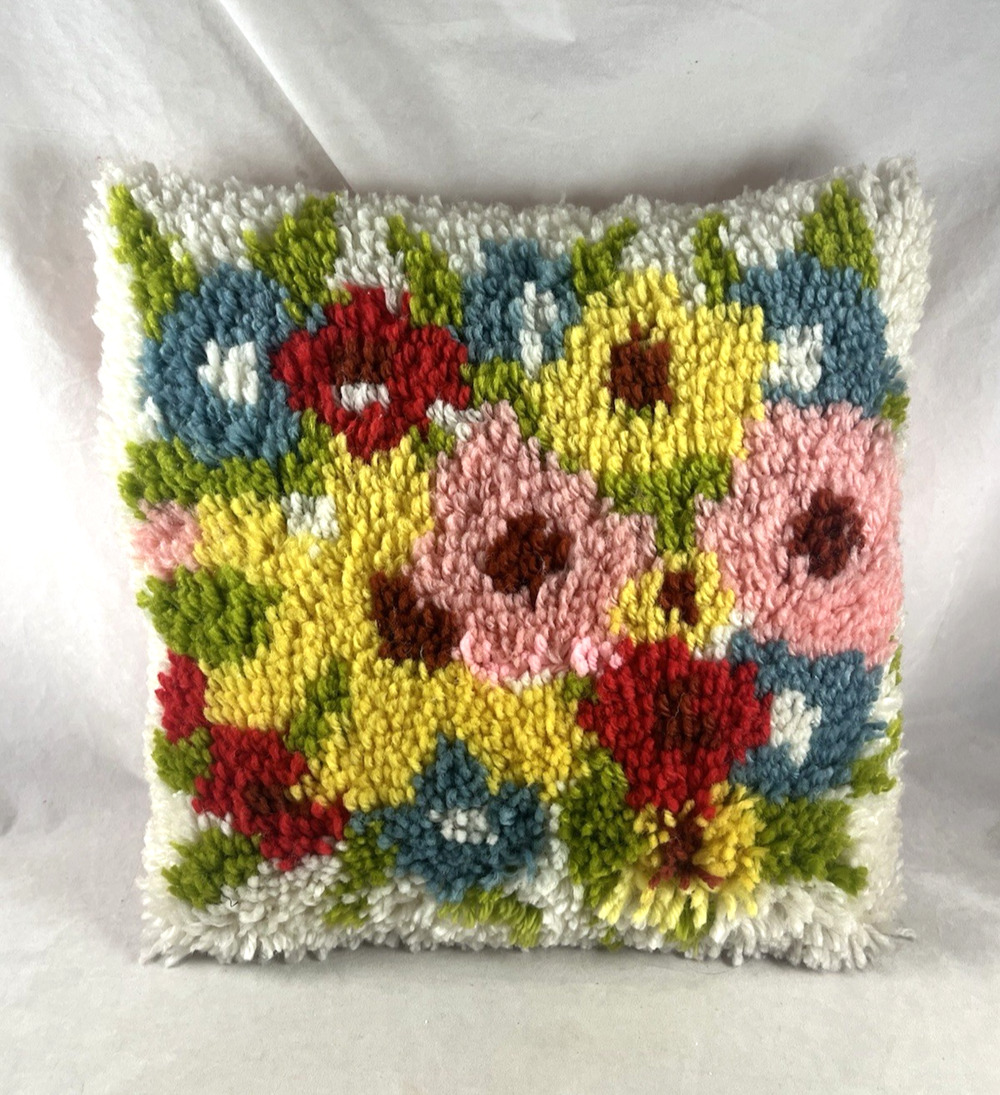 Floral Latch Hook Throw Pillow 13x13 Handmade Multicolor Pink Back Vintage 1970s